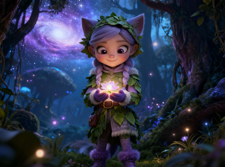 Elfcat Miri with violet eyes and lilac braids holding a glowing light in the forest