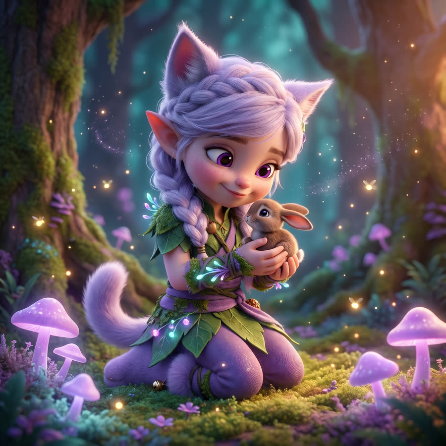 Elfcat Miri kneeling on glowing moss, cradling a small baby rabbit gently in her hands
