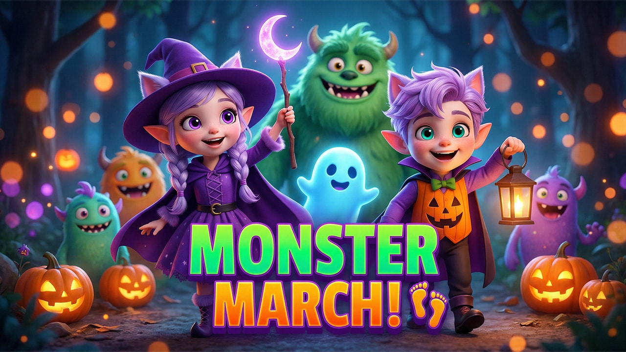Miri and Ori, the ElfCat siblings, are celebrating Halloween by walking in a monster parade with their monster friends.