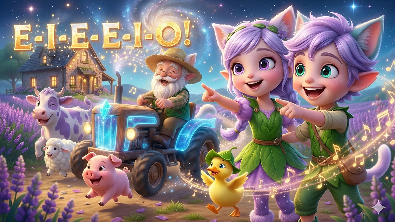 3D Pixar-style animation of Miri and Ori pointing at a magical farm in space with Grandpa Barnaby on a blue crystal tractor and a purple-spotted cow.