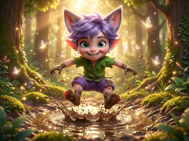Adventurous Elfcat Ori with teal eyes jumping into a mud puddle