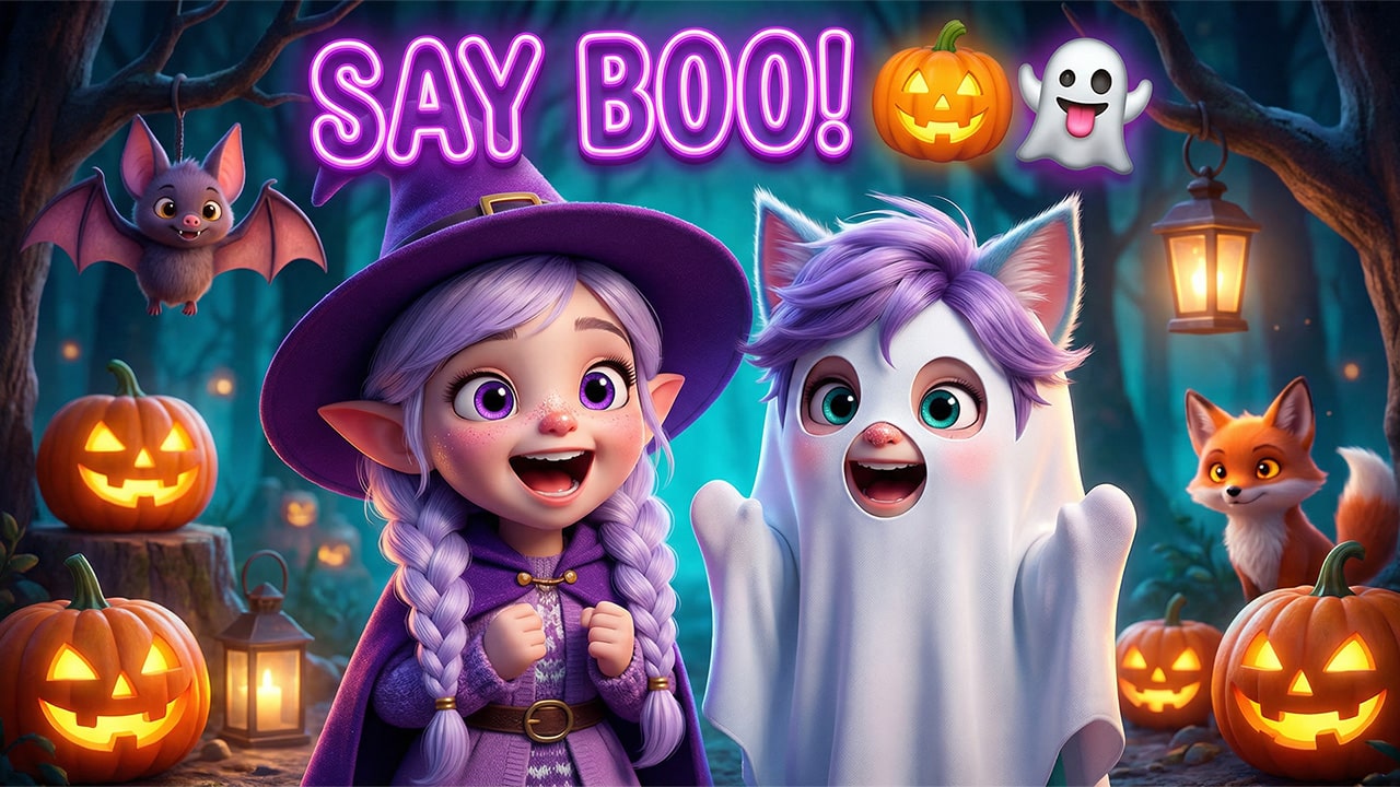 Miri dressed as a cute witch and Ori dressed as a ghost