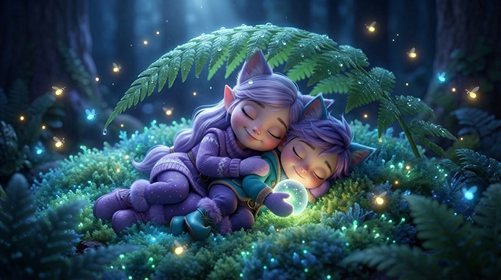 A sleepy elfcat cuddled up under the stars