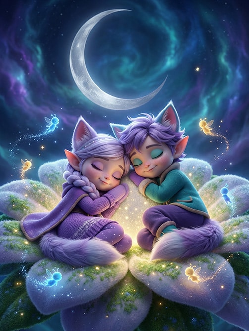 Miri and Ori sleeping – sleep music illustration