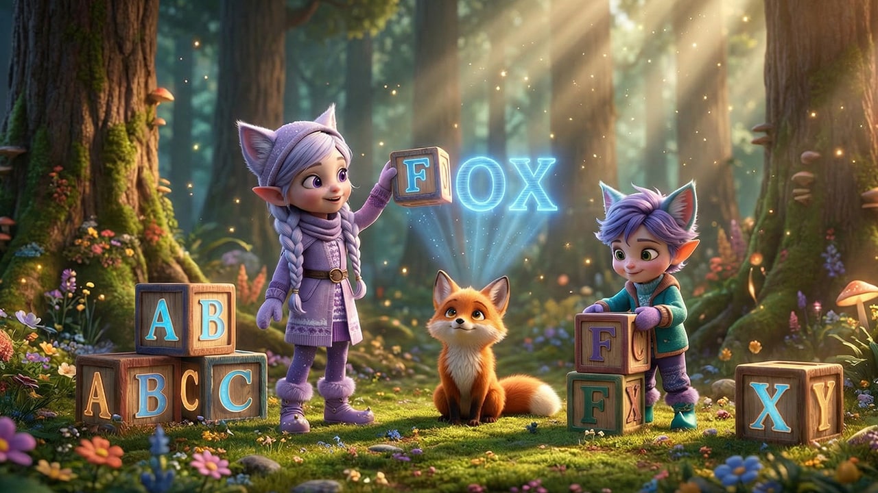 Miri and Ori, the elfcat siblings playing spelling game in magical forest