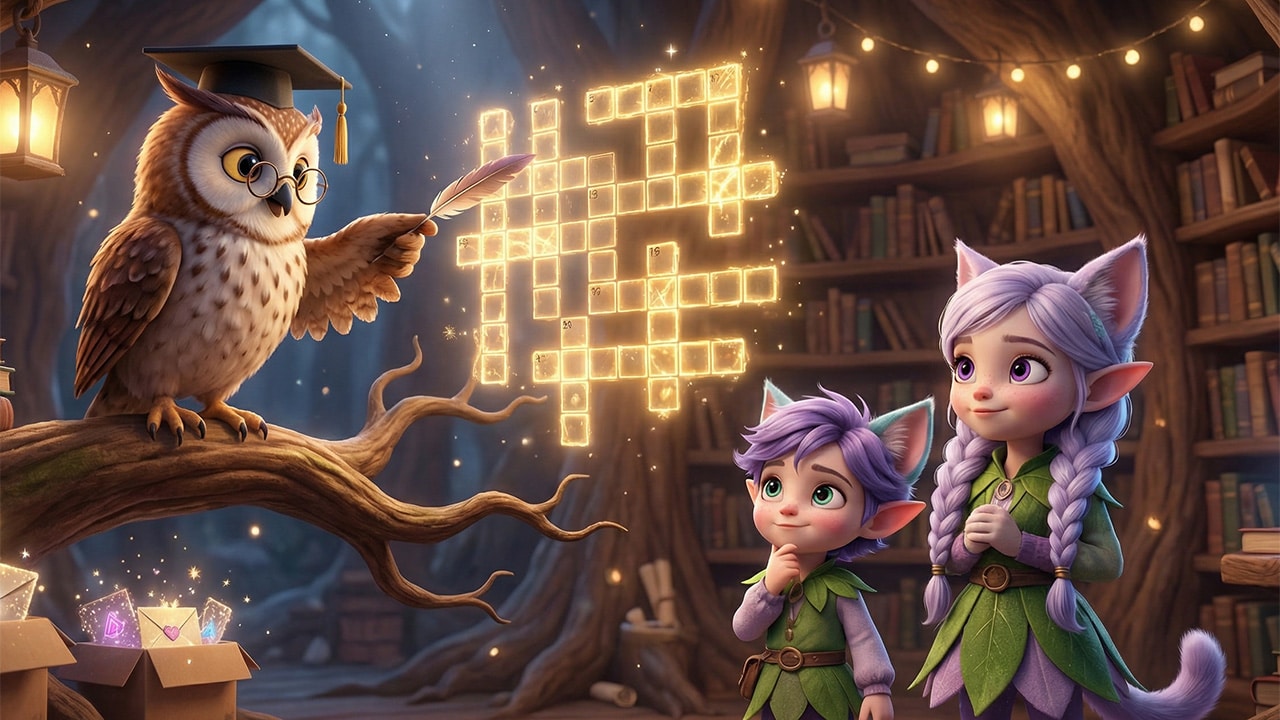 Miri and Ori playing crossword with the wise owl