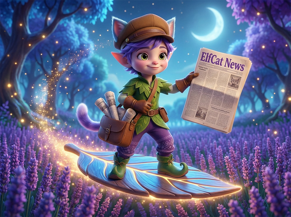 Ori the elfcat delivering the Elfcat News