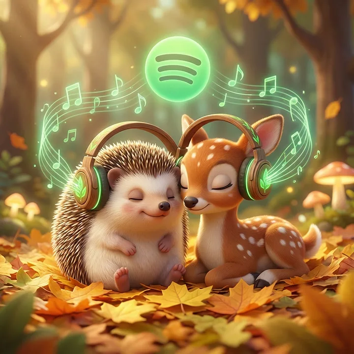 A hedgehog and a fawn wearing headphones on autumn leaves, music notes and a Spotify mark floating around them