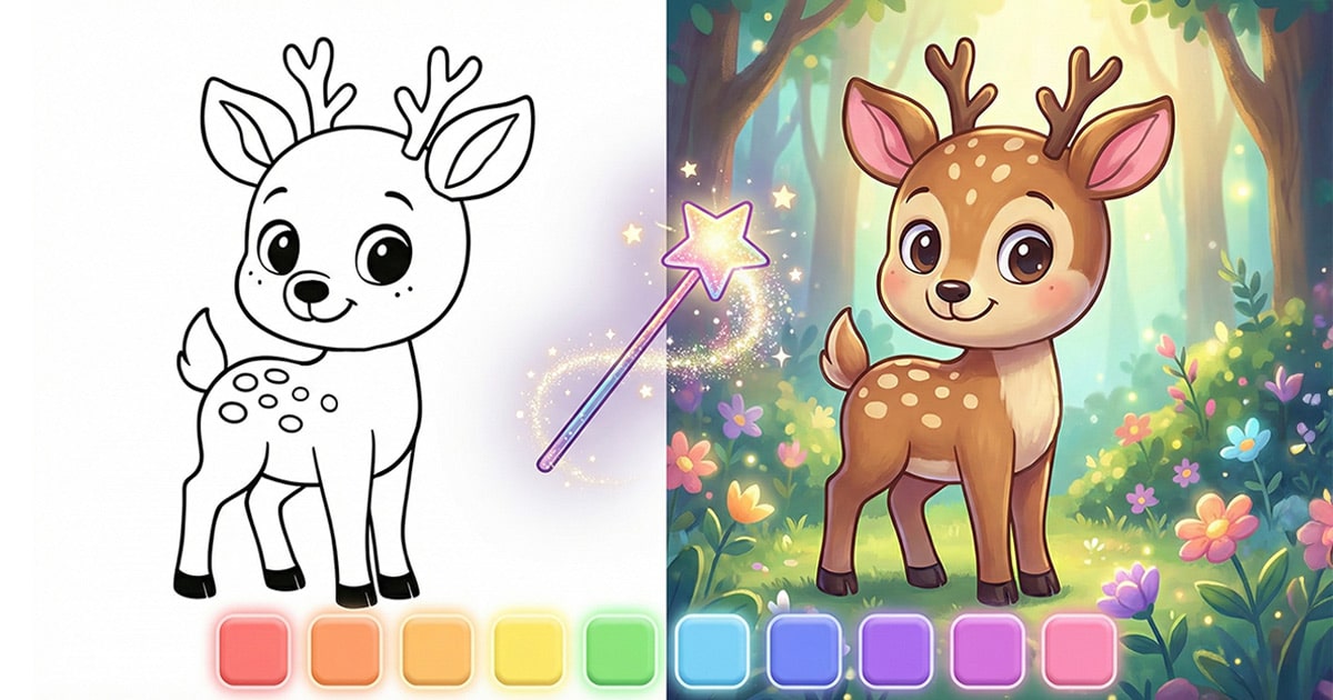 A cute baby deer fawn with spots, interactive digital coloring page for kids by Kittelfdora Kids.