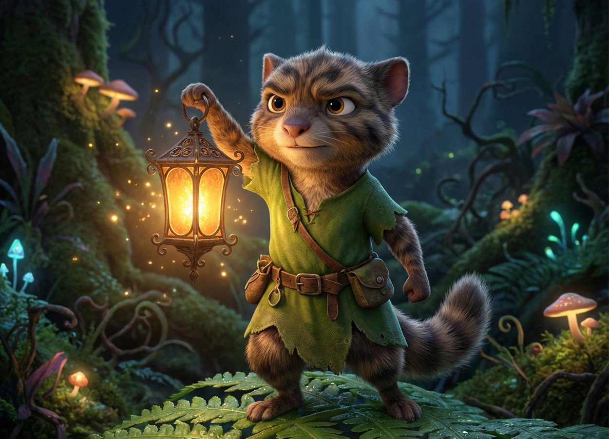 Brindle Fernflicker, healer and storyteller of Kittelfdora, with a magic lantern