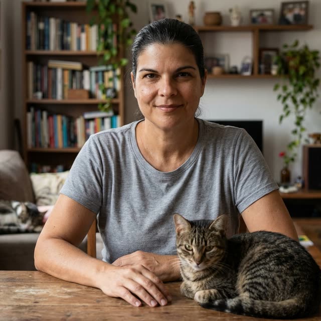 Deniz Arsan sitting at the wooden table at home with her cat
