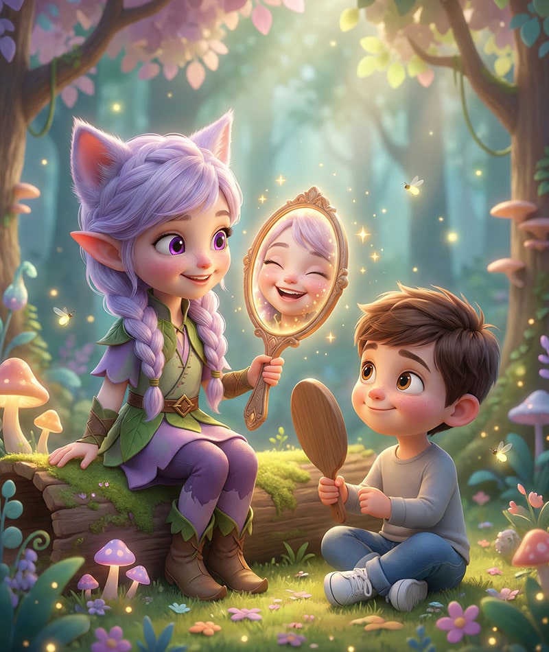 A young child and Miri the Elfcat practicing emotional mirroring in the magical forest of Kittelfdora, using glowing mirrors to recognize and mimic facial expressions for early childhood social-emotional development.