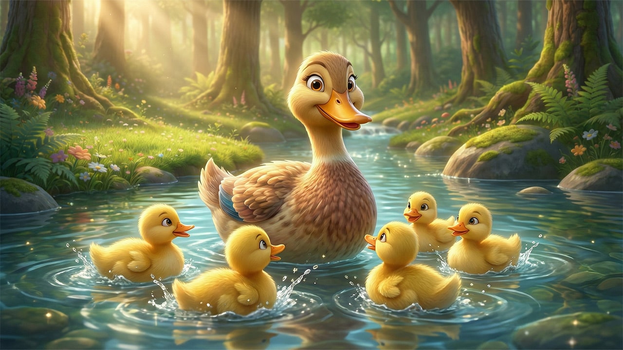Cute mom duck and 5 little ducklings swiming in the river