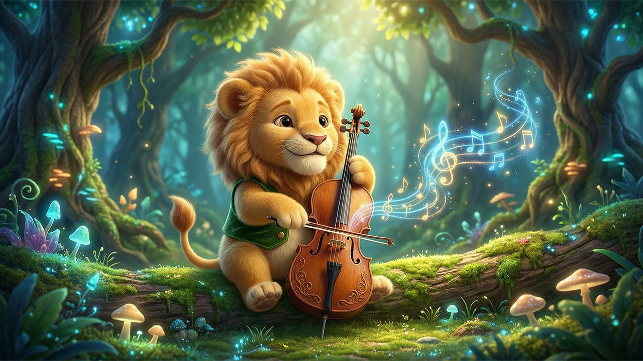 Baby lion playing a cello in the magical Forest of Odora, promoting kindness and classical music for kids - Kittelfdora Kids.