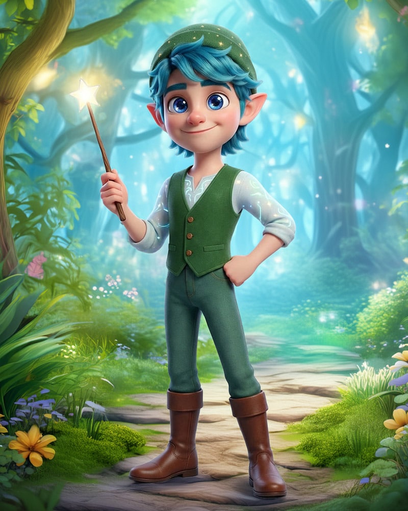 Melo, the elf music teacher of Kittelfdora, with a musical tail and glowing ears