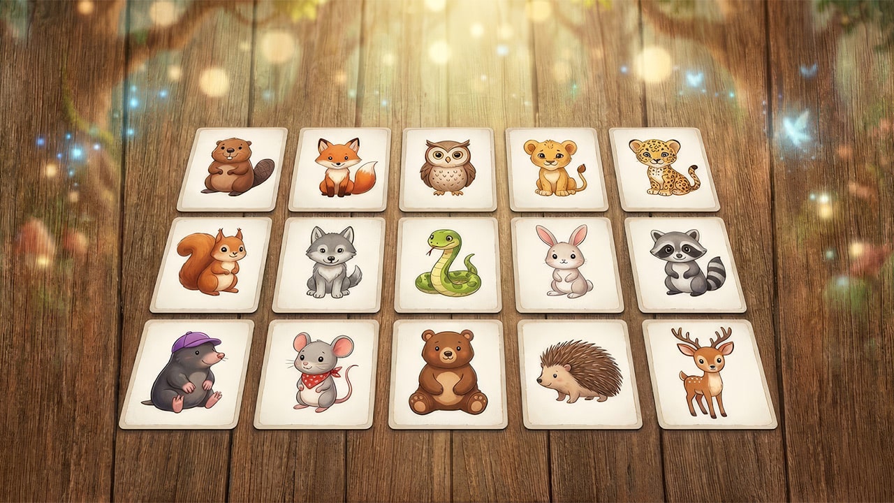 A strictly flat, 90-degree straight top-down view of 15 Kittelfdora forest animal memory cards arranged in a 3x5 grid on a dark rustic wooden table, featuring cute and friendly illustrations of a Mole, Wolf Pup, Lion Cub, Owl, Snake, Beaver, Bunny, Leopard Cub, Squirrel, Raccoon, Hedgehog, Bear, Fox, Mouse, and Deer