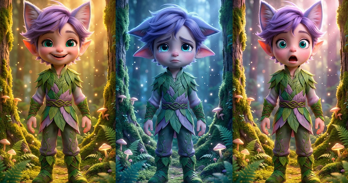 Ori the Elfcat showing different emotions in the mirroring game
