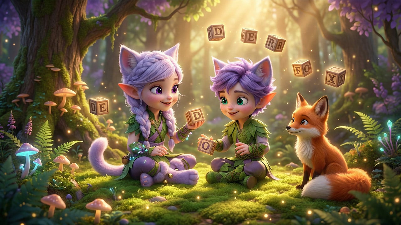 Miri and Ori playing with magical alphabet blocks in the Kittelfdora forest - word games and riddles for children