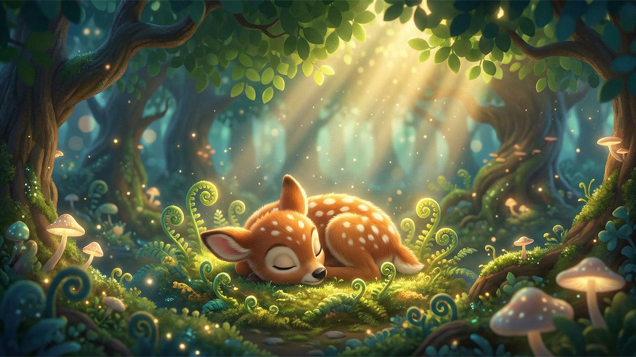 Educational illustration of a baby deer fawn using its white spots as camouflage in the dappled sunlight of the Forest of Odora, Kittelfdora Kids