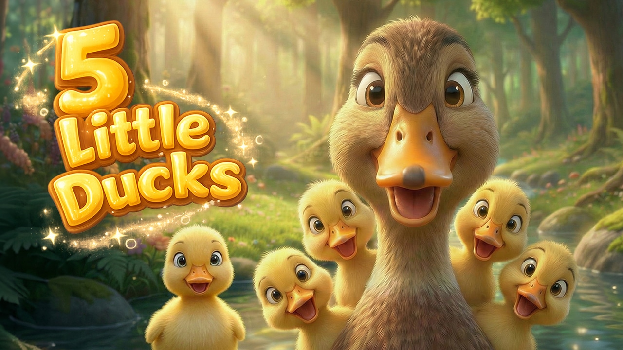 A cheerful mother duck with five happy ducklings and Elfcats Miri and Ori in the magical forest of Kittelfdora.