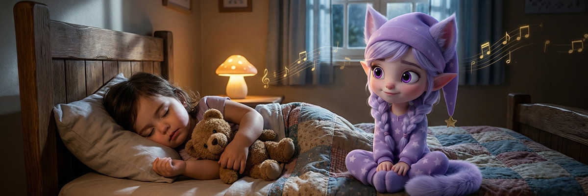 Toddler girl sleeping peacefully in bed with teddy bear while Miri from Kittelfdora Kids watches over her with musical notes floating in a cozy moonlit bedroom