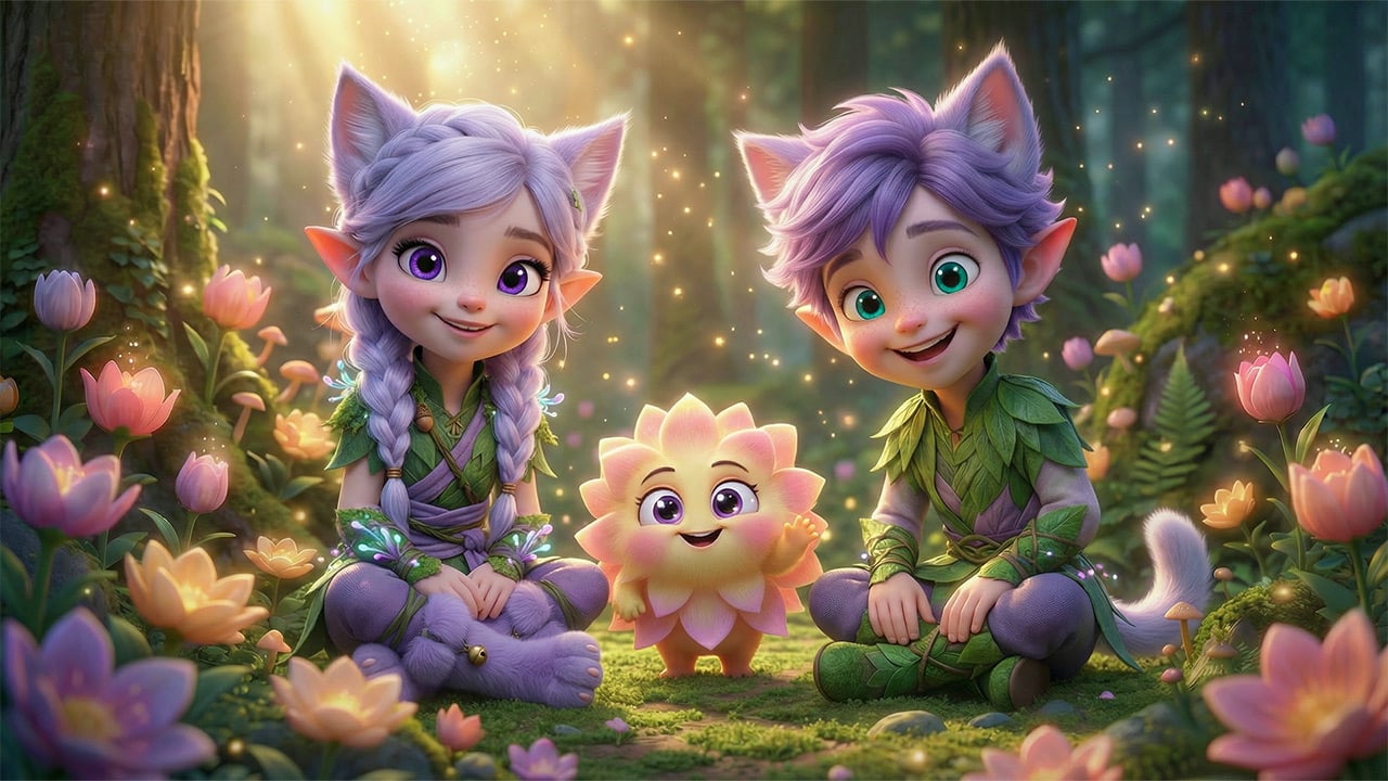 Miri and Ori sitting with a smiling flower in the magical Kittelfdora forest jigsaw puzzle for kids
