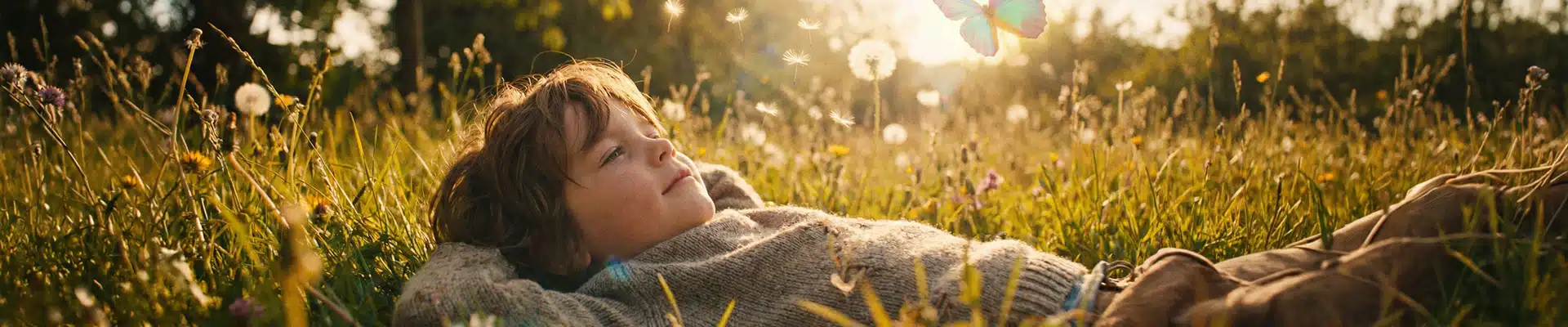 : a child daydreaming in the grass, illustrating the benefits of boredom for children