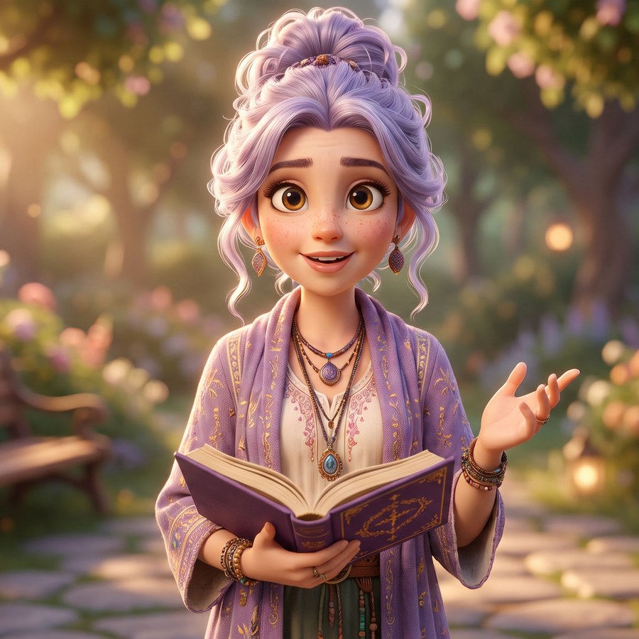 Aunt Tilda, the storyteller of Kittelfdora, standing in a golden garden with glowing lanterns and holding an open storybook, smiling warmly and welcoming you.