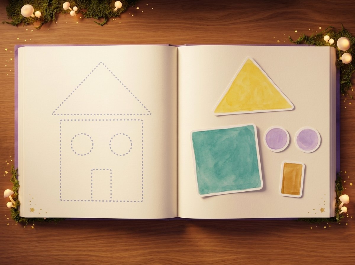 An open sticker book on the table in the Builders' Glade, a dotted house plan on one page and yellow, teal, lilac and amber shape stickers on the other.
