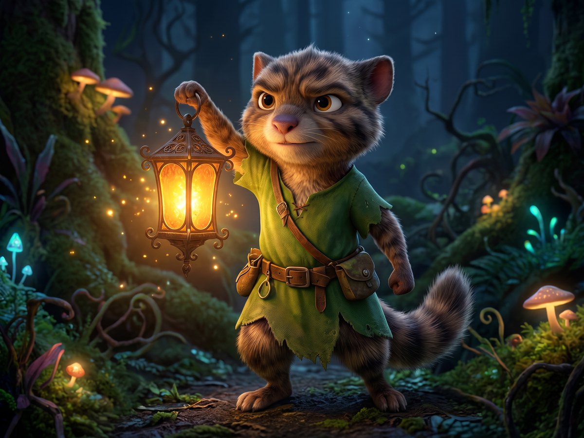 Brindle Fernflicker holding his small magic lantern on a dark path