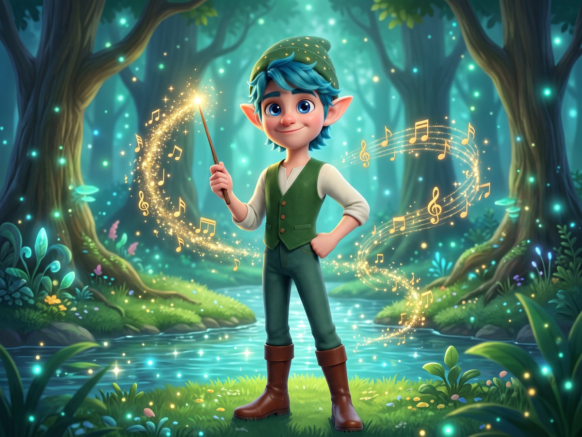 Melo the elf music guide by a stream in a glowing forest, in his green star hat and green waistcoat, with golden notes spiralling up from the tip of his staff.