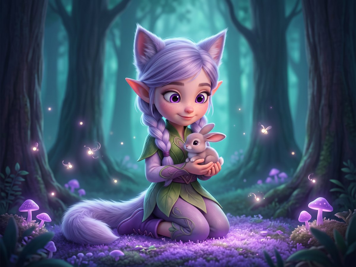 Miri the Elfcat kneeling on glowing moss, cradling a tiny baby rabbit in her hands