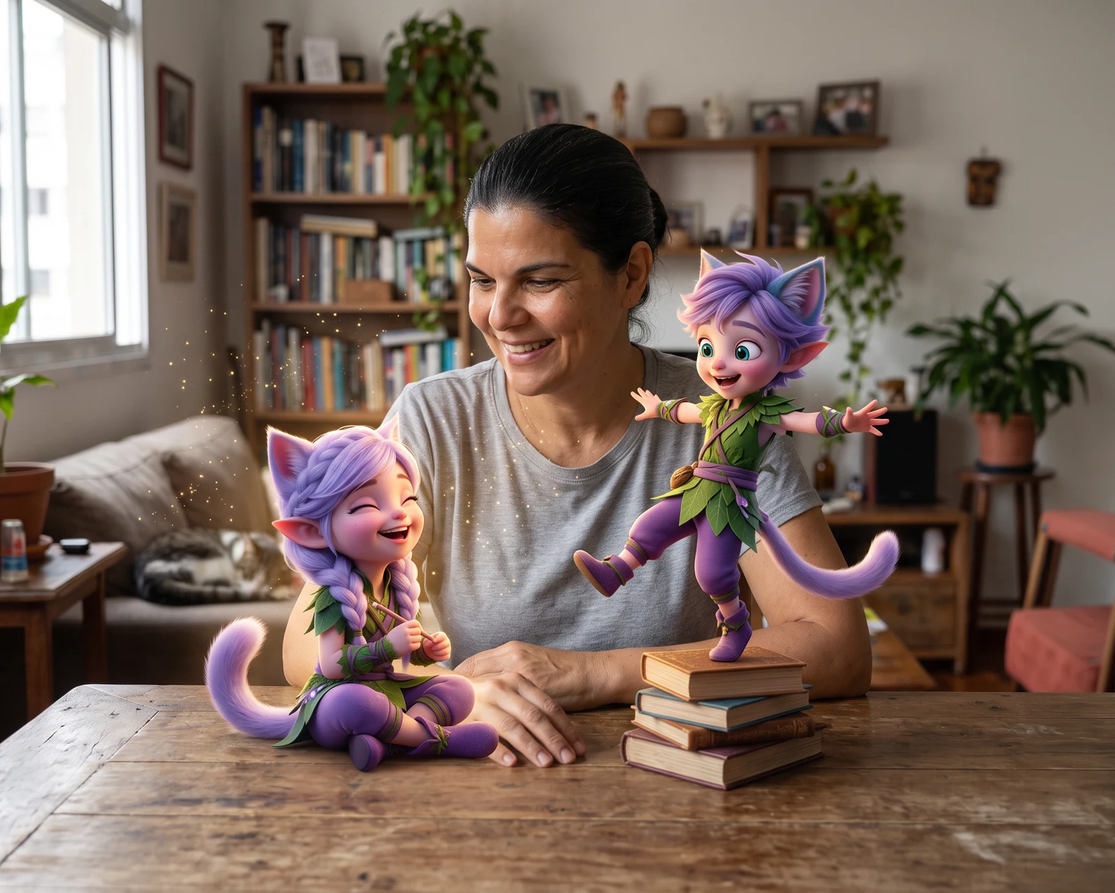 A composite image that joins a real photo and an illustration in one frame: Deniz Arsan photographed on one side, and the Pixar-style rendered Kittelfdora characters Miri and Ori on the other.