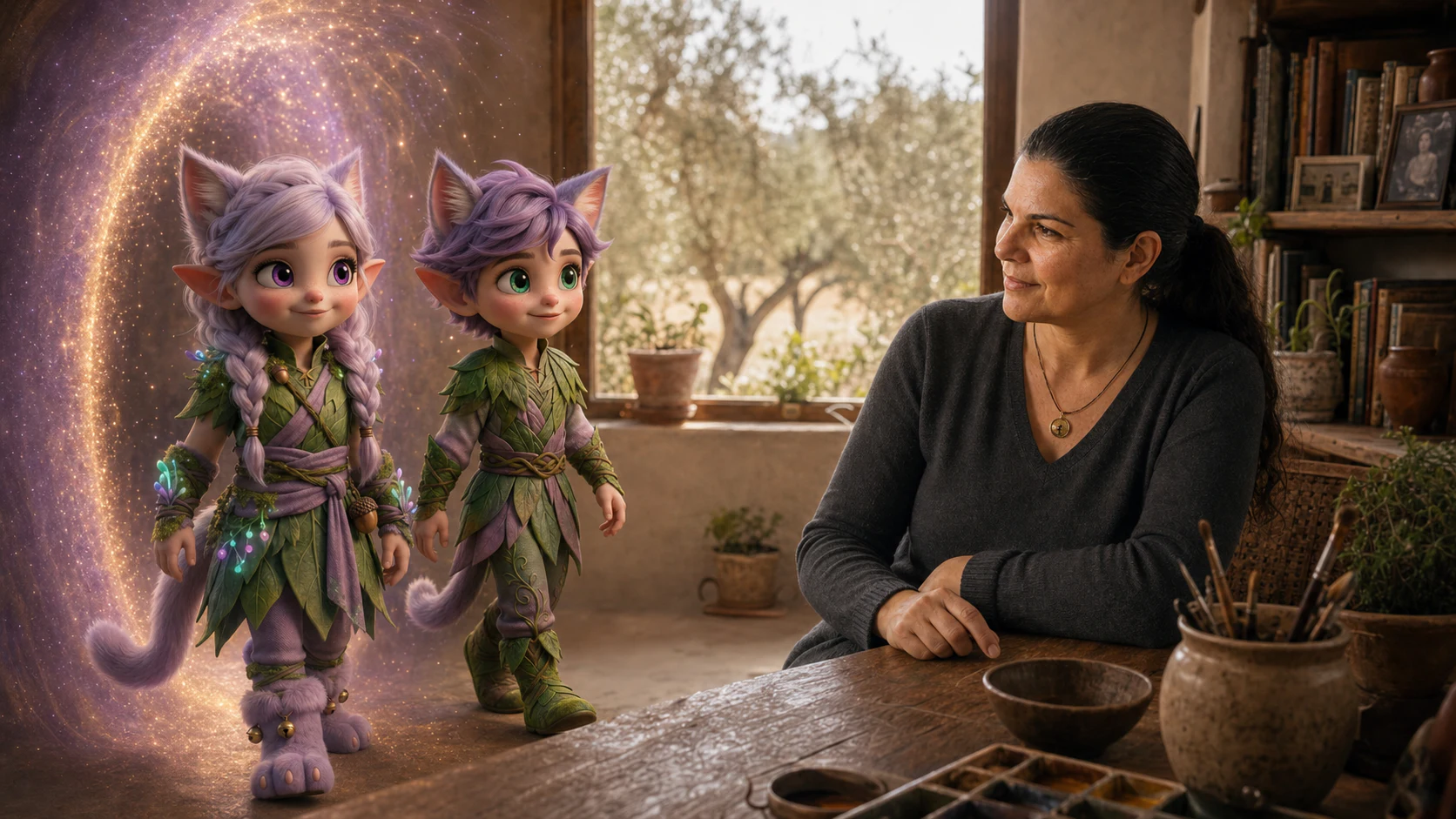 Deniz Arsan welcoming Miri and Ori as they step through a portal into her home in Urla