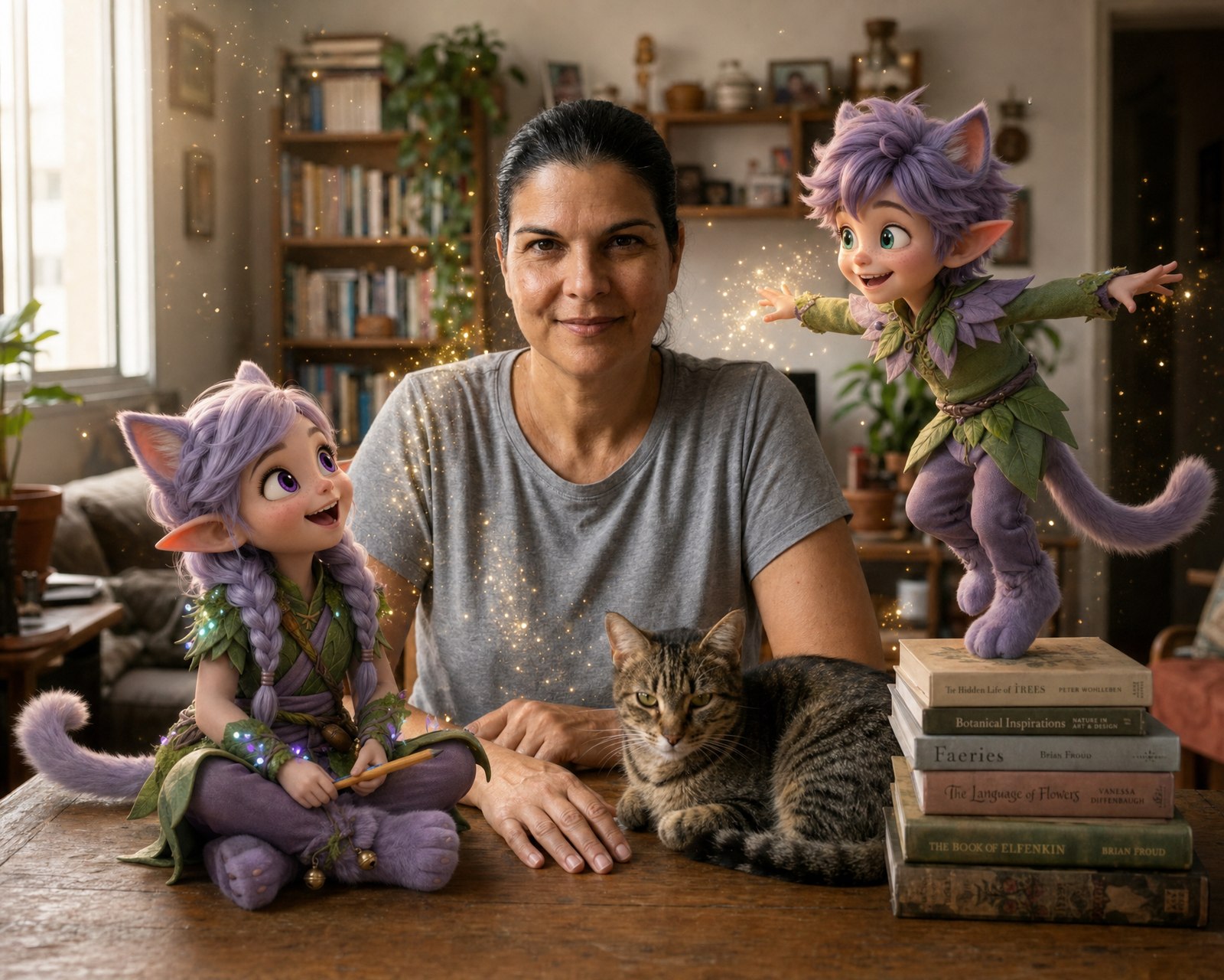Deniz Arsan at her desk with her tabby cat, while Miri and Ori, the illustrated Kittelfdora characters, appear beside her as if they've joined the workday.