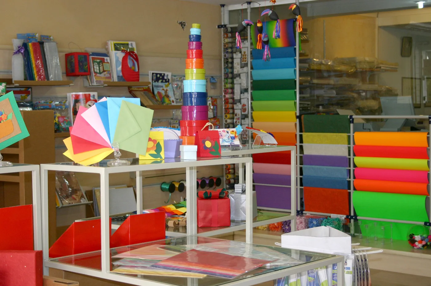 Craft samples and shelves of colourful paper inside a Kağıt vs. shop.