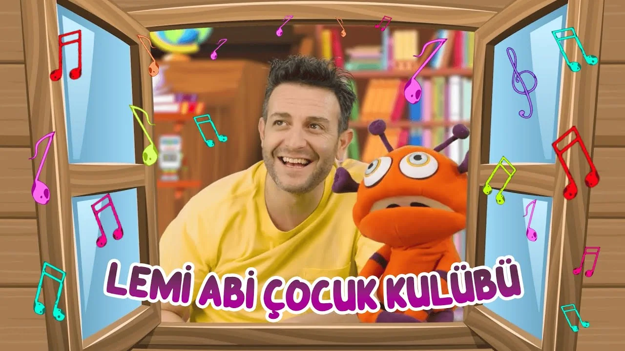 Lemi Filozof and Zuzi surrounded by colourful music notes in a Lemi Abi Çocuk Kulübü thumbnail.