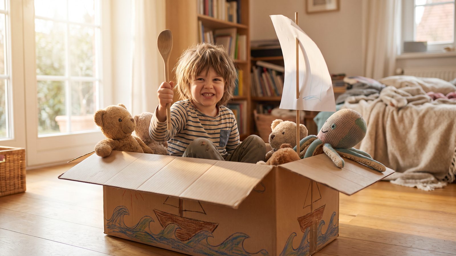 A child in a cardboard box turned into a boat, steering with a wooden spoon, showing the power of pretend play for children